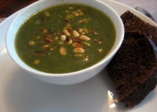 soup, celeriac, spinach, leek,toasted pine nuts