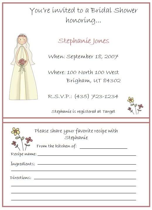 This is for 10 Wedding Bridal Shower Invitations Plus Recipe Cards