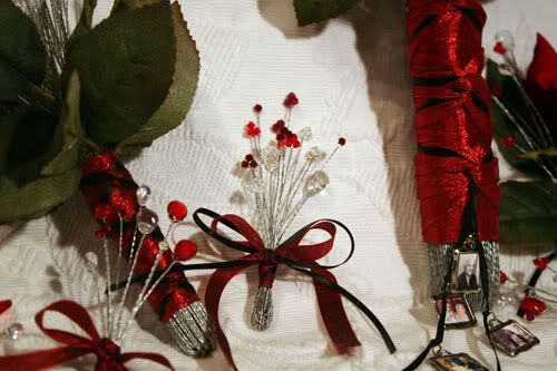 Wedding bouquets bouts corsages hankies red black silver theme OCCASIONS 