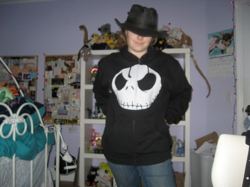 indiana jones hat and jack skellington sweat shirt