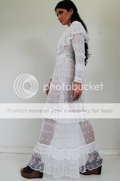   White CROCHET Lace WEDDING Festival SHEER Boho HIPPIE Maxi DRESS XS/S